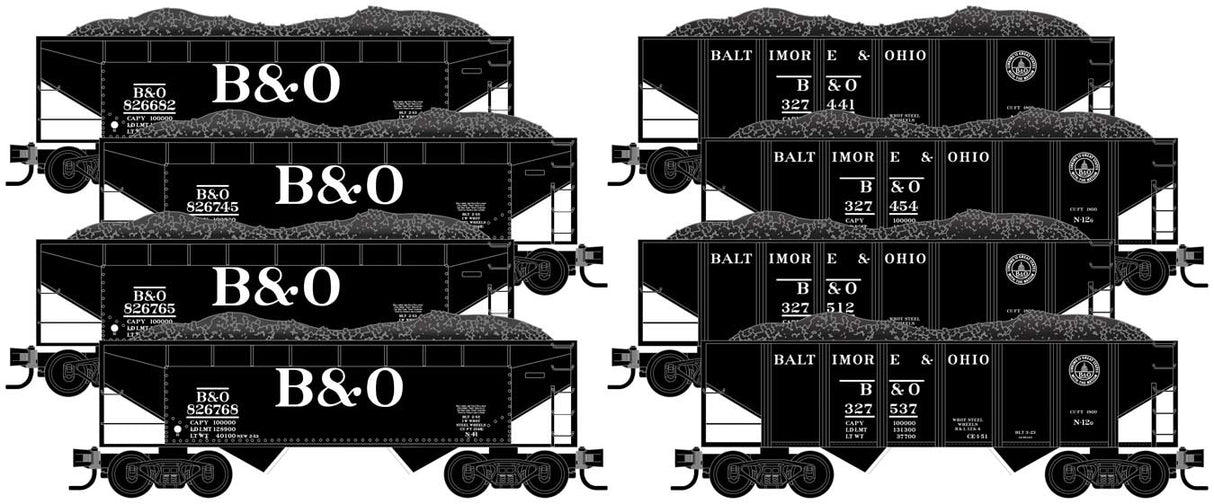 Micro-Trains Steel Hopper Car with Coal Load 8-Pack - Ready to Run -- Baltimore & Ohio (black, 4 Cars Large B&O, 4 Cars 13 States Logo) - 489-99300818