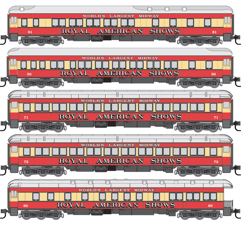 Micro-Trains Heavyweight 5-Car Set - Ready to Run -- Royal American Shows (red, yellow, white) - 489-99301300