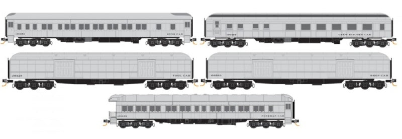Micro-Trains Pullman Heavyweight Work Train 5-Car Set - Ready to Run -- Maintenance-of-Way (gray) - 489-99301360