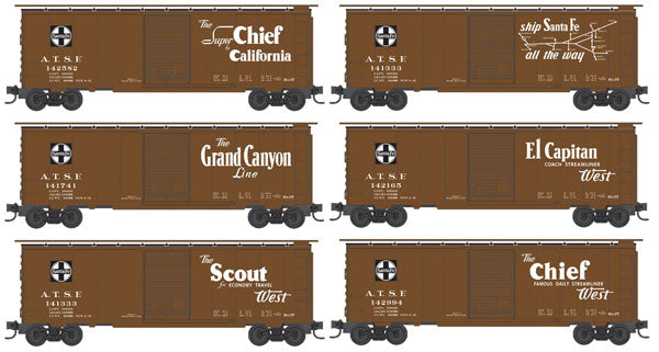 Micro-Trains 40' Single-Door Boxcar 5-Car Runner Pack - Ready to Run -- Santa Fe (Passenger Names & Map Cars) - 489-99301410