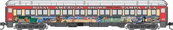 Micro-Trains N Heavyweight 3-Car Runner Pack - Ready to Run -- 2 Baggage-Mail & Coach, Royal American Shows (red, yellow, silver)