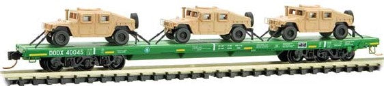 Micro-Trains N DODX CASCADE GREEN FLAT CAR 3PK W/HUMVEE'S - 489-99301612