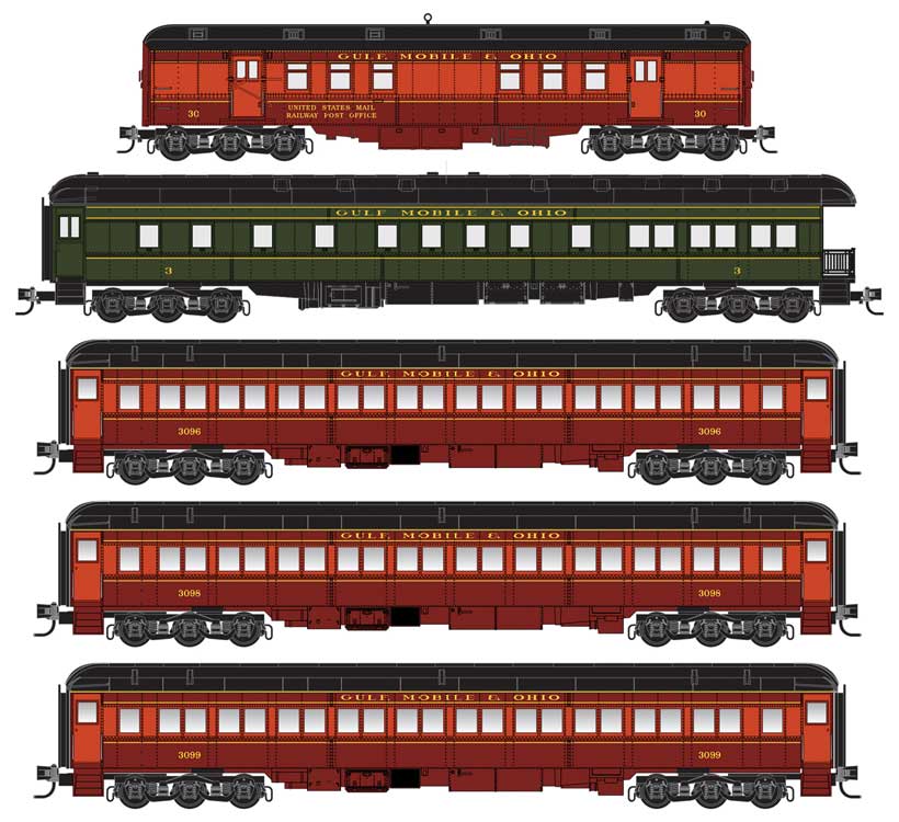Micro-Trains Heavyweight RPO, 3 Coaches, Observation Set - Ready to Run -- Gulf, Mobile & Ohio (maroon, red) - 489-99301792