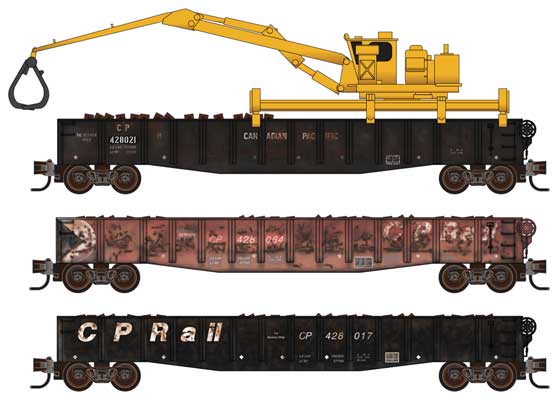 Micro-Trains 50' Gondola, Fishbelly Sides, Railroad Tie Load 3-Pack - Ready to Run -- Canadian Pacific #428021, 428017, 428064 (Includes Tie Handler Crane) - 489-99302090