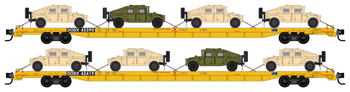 Micro-Trains 89'4" Flatcar with Humvee Load 2-Pack - Ready to Run -- Department of Defense DODX 42390, 42419 (yellow) - 489-99302180