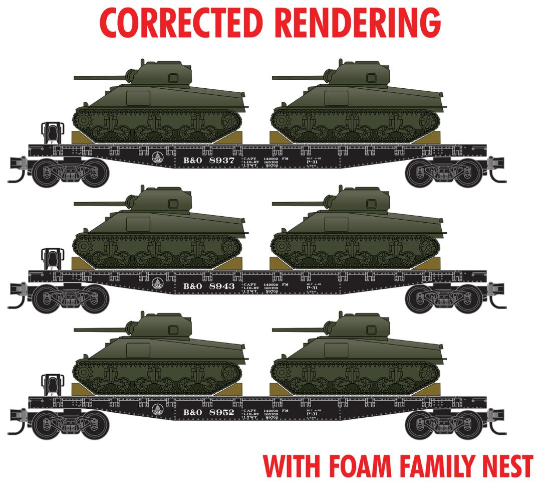 Micro-Train N 50' Fishbelly-Side Flatcar w/M4 Sherman Tank 4-Pack Foam Nest - Ready to Run -- Baltimore & Ohio (black, Undecorated Tank Load Kit) - 489-99302218