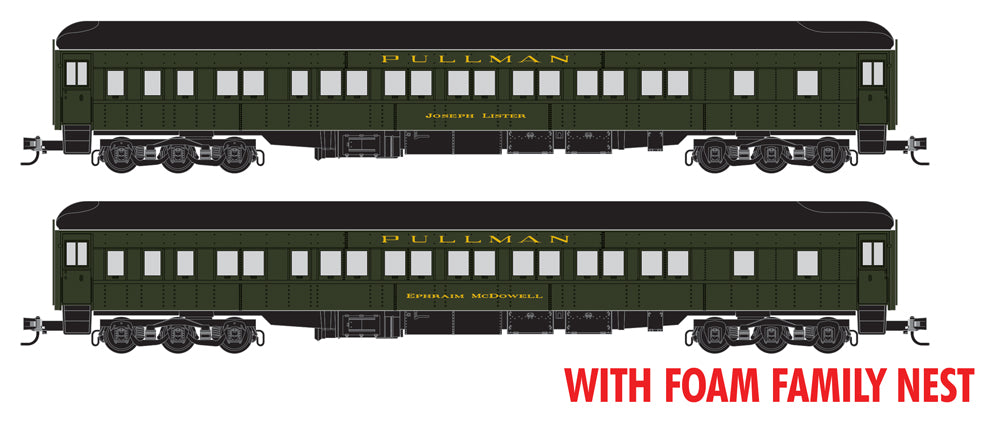 Hospital Car 2-Pack - Ready to Run - Foam Nest -- Chicago & North Western/Pullman Joseph Lister, Ephraim McDowell (green)