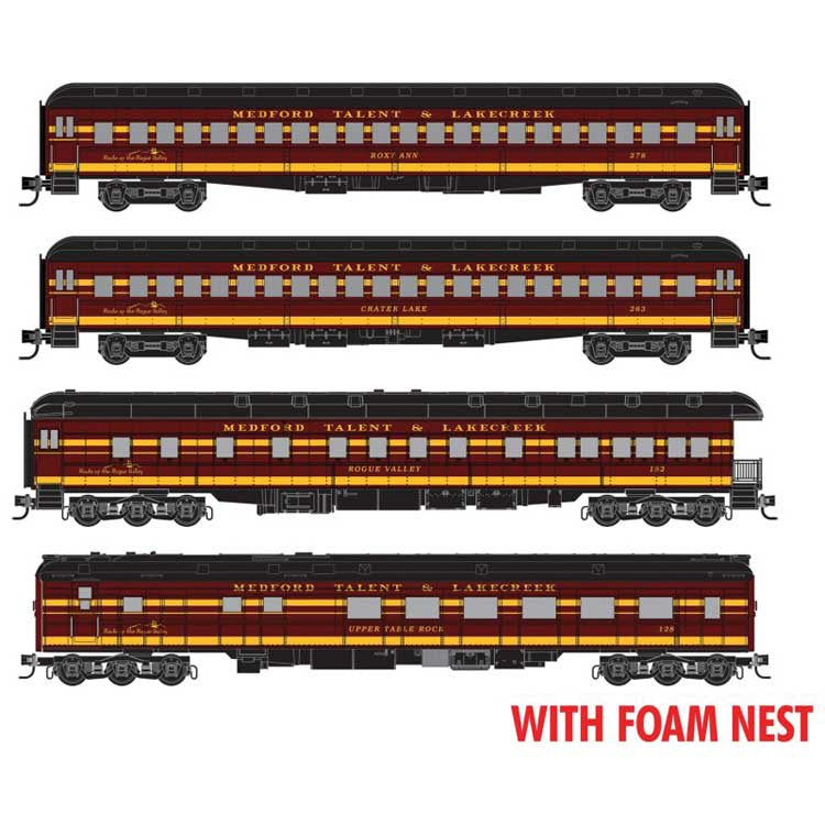 Micro-Trains N Heavyweight Dinner Train Set w/2 Coaches, Diner, Observation - RTR Foam Nest -- Medford, Talent & Lakecreek (1930s - 1950s Scheme, maroon, yellow, black)