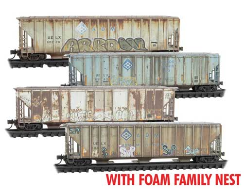 Micro-Trains Evans 100-Ton 3-Bay Covered Hopper 4-Pack Foam Nest - Ready to Run -- Archer-Daniels-Midland UELX (Weathered, gray, blue, Graffiti) - 489-99305028