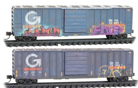 Micro-Trains 50' Rib-Side Single-Door Boxcar No Roofwalk Foam Nest 2-Pack - Ready to Run -- Maine Central #20103, 20114 (Weathered, gray, white, orange, Graffiti) - 489-99305039