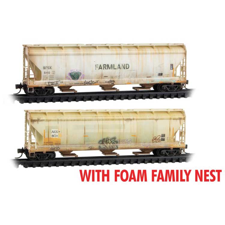 Micro-Trains N 	ACF 3-Bay Center-Flow Hopper w/Long Hatches 2-Pack - Ready to Run - Foam -- Farmland GFSX #540, AEX 603 (Weathered, gray, graffiti)