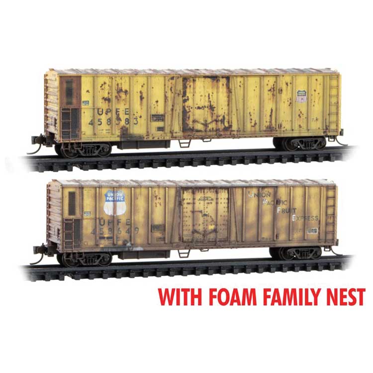 Micro-Trains N 51' 3-3/4" Riveted-Side Mechanical Reefer 2-Pack - Ready to Run - Foam -- Union Pacific UPFE #458649, 458383 (Weathered, yellow, Different Schemes)