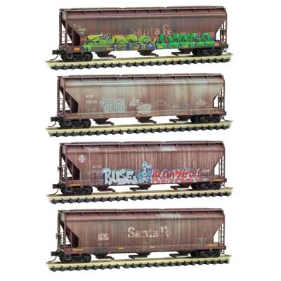 Micro-Trains ACF 3-Bay Center Flow Covered Hopper, Elongated Hatches 4-Pack - Ready to Ru -- Santa Fe 314387, 314158, 315014, 315135 (Weathered, Boxcar Red, Graffiti) - 489-99305550