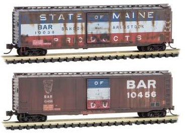 Micro-Trains 50' Single-Door Boxcar 2-Pack - Ready to Run -- Bangor & Aroostook 10458 (Weathered, brown), 10038 (Weathered, red, white, b - 489-99305730