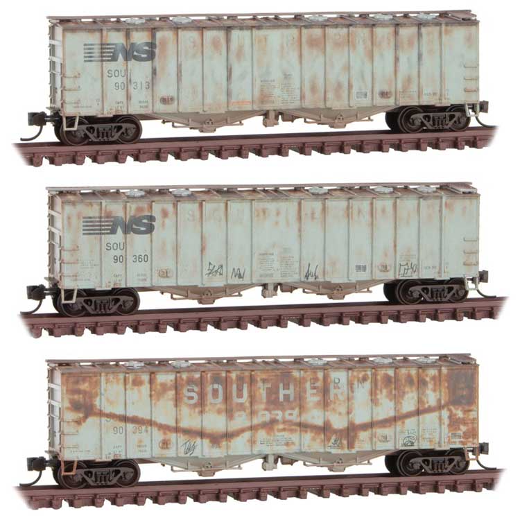 Micro-Trains 50' Airslide Covered Hopper 3-Pack - Ready to Run -- Norfolk Southern 90313, 90360, 90394 (Weathered, Ex-SOU, gray, black) - 489-99305830