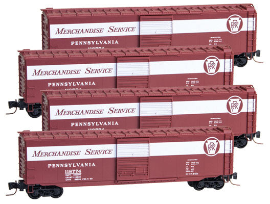 Micro-Trains 50' Single-Door Boxcar 4-Car Runner Pack - Ready to Run -- Pennsylvania Railroad (Merchandise Service, Tuscan, white) - 489-99400081