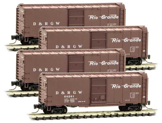 Micro-Trains 40' Single-Door Boxcar 4-Pack - Ready to Run -- Denver & Rio Grande Western 68257, 68261, 68285, 68324 (Boxcar Red) - 489-99400109