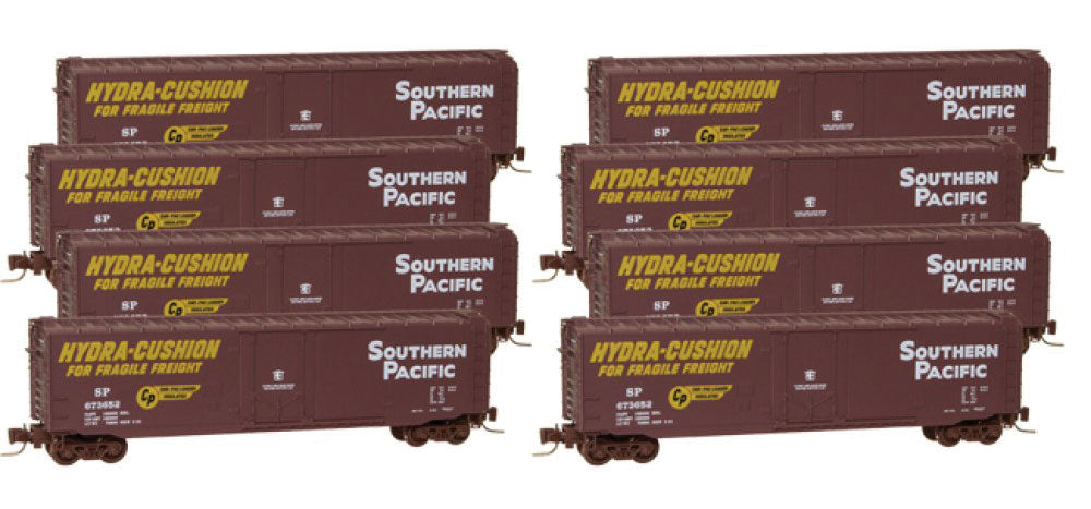Micro-Trains 50' Plug-Door Boxcar 8-Car Runner Pack - Ready to Run -- Southern Pacific (boxcar Red, yellow, Large Hydra-Cushion Markings) - 489-99400808