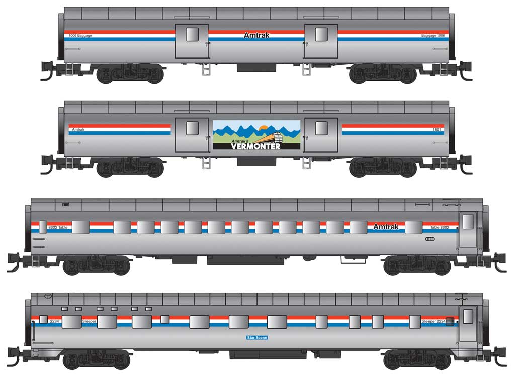 Micro-Trains Smooth-Side 4-Car Passenger Set - Ready to Run -- 2 Baggage, Coach, Sleeper Amtrak (Phase III, silver, red, white, blue, Vermo - 489-99401270