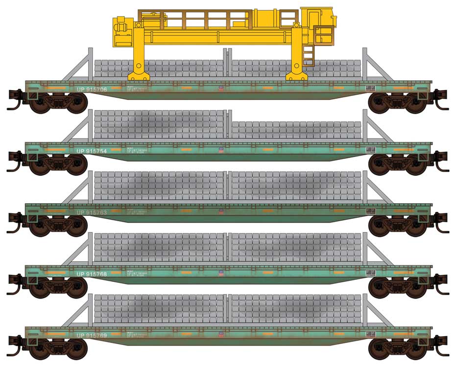 Micro-Trains Concrete Tie Loader 5-Pack w/Load and Loading Machine - Kit -- Union Pacific (MOW green) - 489-99402271