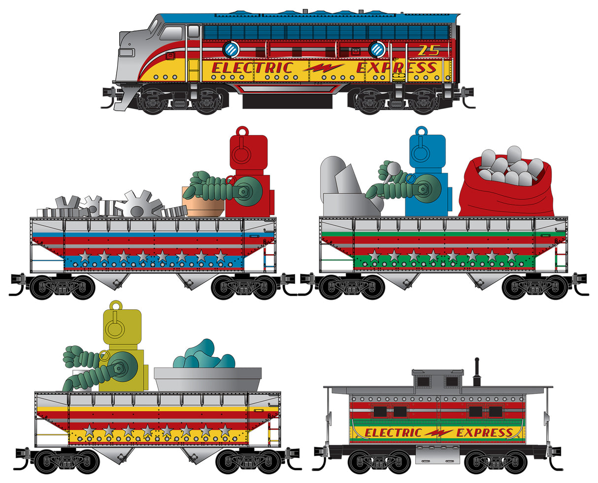 Robot Christmas Train-Only Set - Foam Nest -- EMD F7, 4 Cars, Mixed-Media Load Kits