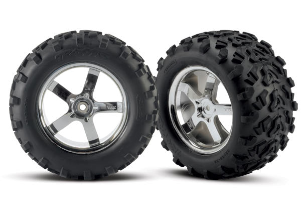 Traxxas 4973R Tires & Wheels , assembled , glued (Hurricane chrome Wheels , Maxx Tires (6.3' outer diameter) , foam Inserts) (2) (fits Revo / T-Maxx / E-Maxx with 6mm Axle and 14mm Hex) - TRA4973R
