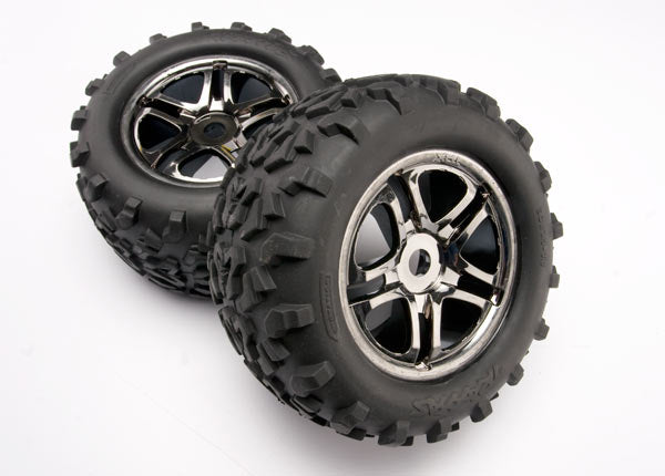 Traxxas 4983A Tires & Wheels , assembled , glued (SS (Split Spoke) black chrome Wheels , Maxx Tires (6.3' outer diameter) ,