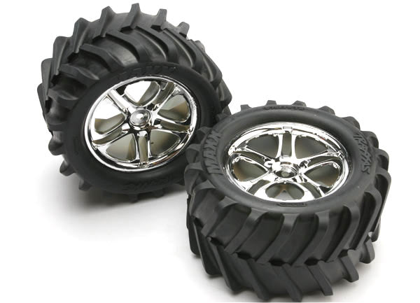 Traxxas 5173 Tires & Wheels , assembled , glued (SS (Split-Spoke) chrome Wheels , Maxx Chevron Tires , foam Inserts) (2) (fits Revo / T-Maxx / E-Maxx with 6mm Axle and 14mm Hex) - TRA5173