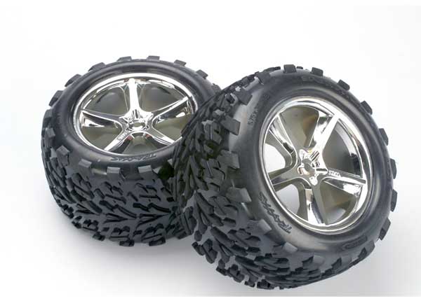 Traxxas 5374 Tires & Wheels , assembled , glued (Gemini chrome Wheels , Talon Tires , foam Inserts) (2) (fits Revo / T-Maxx / E-Maxx with 6mm Axle and 14mm Hex) - TRA5374