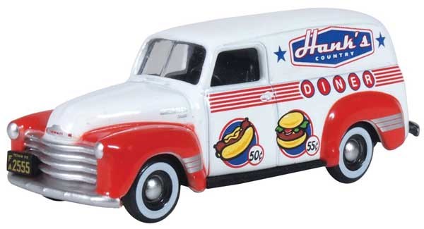 Oxford Diecast 1950-1960 Chevrolet 3100 Van - Assembled -- Hank's Diner (white, red, blue) - 553-87CV50003