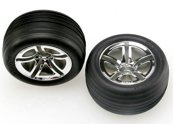 Traxxas 5574R Tires & Wheels , assembled , glued (2.8') (Twin-Spoke Wheels , Alias ribbed Tires , foam Inserts) (nitro Front) (2) - TRA5574R