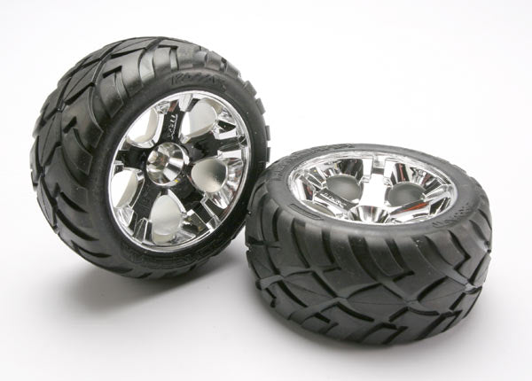 Traxxas 5576R Tires & Wheels , assembled , glued (All-Star chrome Wheels , Anaconda Tires , foam Inserts) (nitro Rear / electric Front) (1 left , 1 right) - TRA5576R