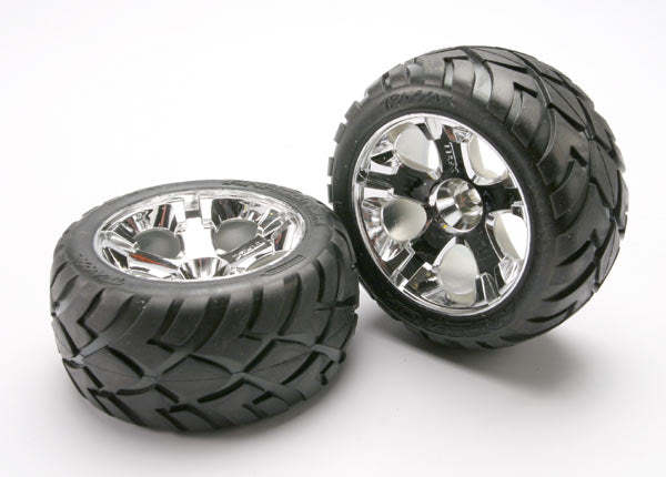 Traxxas 5577R Tires & Wheels, assembled, glued (All-Star chrome Wheels, Anaconda Tires, foam Inserts) (nitro Front) (1 left, 1 right) - TRA5577R