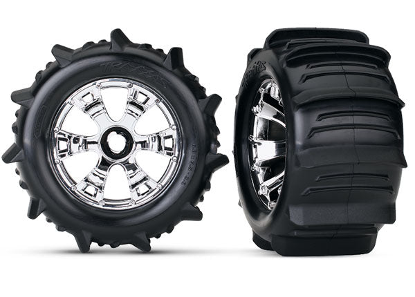 Traxxas 5672 Tires & Wheels, assembled, glued (Geode chrome Wheels, paddle Tires, foam Inserts) (2) (use with 17mm splined Wheel hubs & nuts, part # 5353X) (TSM Rated) - TRA5672