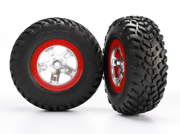 Traxxas 5873R Tires & Wheels, assembled, glued (SCT satin chrome - Red beadlock Wheels, ultra-soft S1 compound off-road racing Tires, Inserts) (2) (2WD Rear, 4WD f/r) - TRA5873R