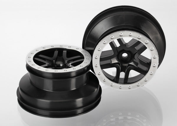 Traxxas 5884 Wheels , SCT Split-Spoke , black , satin chrome beadlock style , dual profile (2.2' outer , 3.0' inner) (4WD f / r , 2WD Rear) (2) - TRA5884