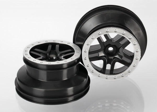 Traxxas 5886 Wheels , SCT Split-Spoke , black , satin chrome beadlock style , dual profile (2.2' outer , 3.0' inner) (2WD Front) (2) - TRA5886