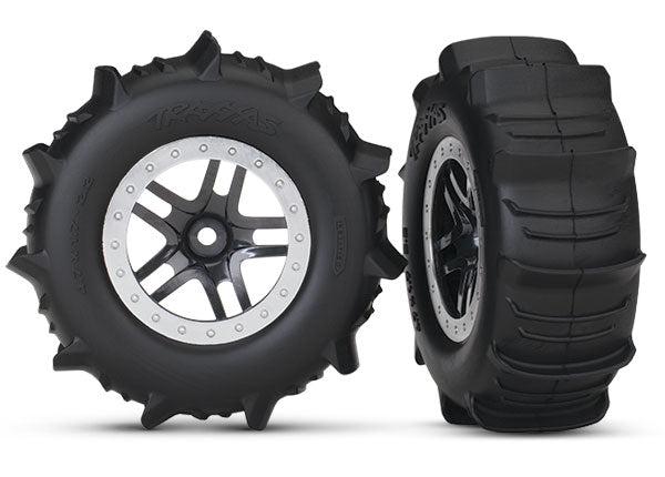 Traxxas 5891 Tires & Wheels, assembled, glued (SCT Split-Spoke satin chrome, beadlock style Wheels, paddle Tires, foam Inserts) (2) (4WD Front/Rear, 2WD Rear only) (TSM Rated) - TRA5891