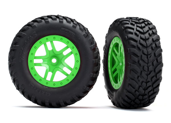Traxxas 5892G Tires & Wheels, assembled, glued (SCT Split-Spoke Green Wheels, SCT off-road racing Tires, foam Inserts) (2) (4WD f/r, 2WD Rear) (TSM Rated) - TRA5892G