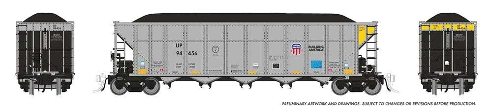 Rapido HO Autoflood III Rapid Discharge Coal Hopper w/Load 6-Pack - Ready to Run -- Union Pacific Set #1 (silver, yellow, black, Building America Logo)