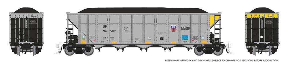 Rapido HO Autoflood III Rapid Discharge Coal Hopper w/Load 6-Pack - Ready to Run -- Union Pacific Set #2 (silver, yellow, black, Building America Logo)
