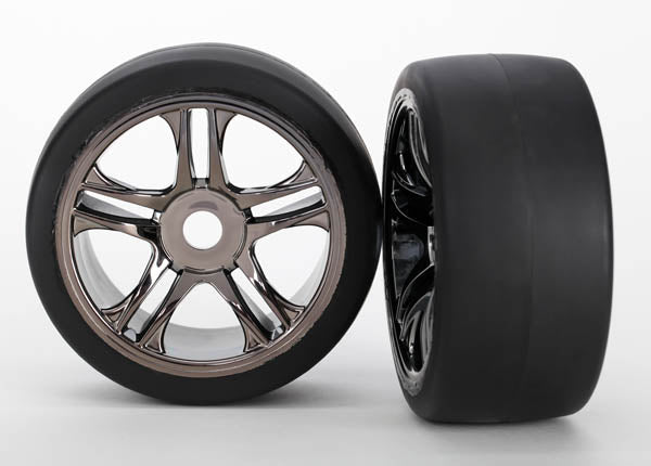 Traxxas 6479 Tires & Wheels, assembled, glued (split-spoke, black chrome Wheels, slick Tires (S1 compound), foam Inserts) (Front) (2) - TRA6479