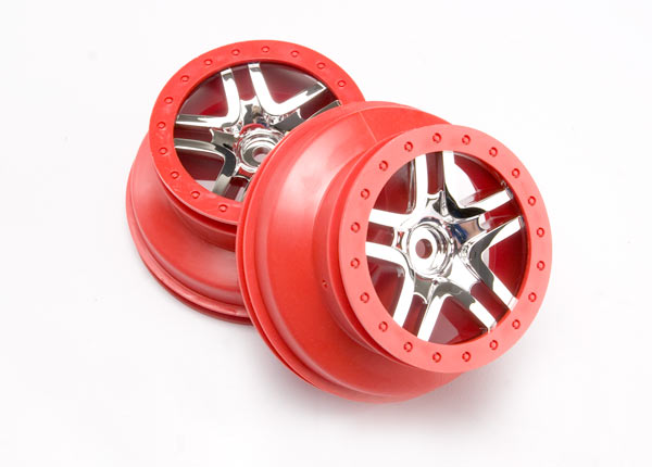 Traxxas 6872A Wheels, SCT Split-Spoke, chrome, - Red beadlock style, dual profile (2.2' outer, 3.0' inner) (4WD Front/Rear, 2WD Rear) (2) - TRA6872A