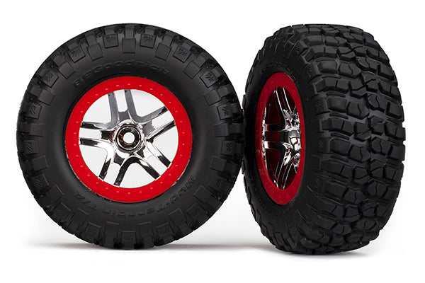 Traxxas 6873R Tires & Wheels , assembled , glued (S1 ultra-soft , off-road racing compound) (SCT Split-Spoke chrome , - Red beadlock style Wheels , BFGoodrich Mud-Terrain T / A KM2 Tires , foam Inserts) (2) (4WD f / r , 2WD Rear)