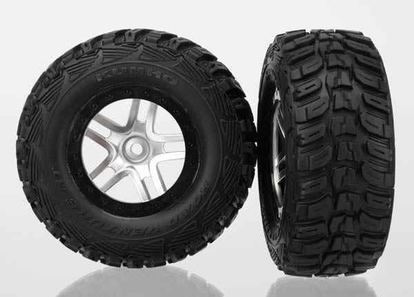 Traxxas 6874 Tires & Wheels , assembled , glued (SCT Split-Spoke satin chrome , black beadlock style Wheels , Kumho Tires , foam Inserts) (2) (4WD Front / Rear , 2WD Rear only) - TRA6874