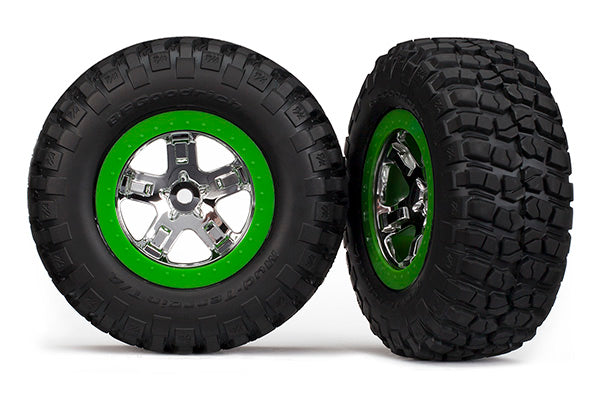 Traxxas 6876 Tires & Wheels, assembled, glued (SCT, chrome, Green beadlock Wheel, BFGoodrich Mud-Terrain™ T/A KM2 tire, foam Inserts) (2) (4WD Front/Rear, 2WD Rear only) - TRA6876
