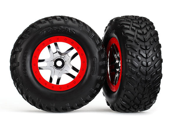 Traxxas 6891R Tires & Wheels, assembled, glued (S1 compound) (SCT Split-Spoke chrome, - Red beadlock style Wheels, dual profile (2.2' outer, 3.0' inner), SCT off-road racing Tires, foam Inserts) (2) (4WD f/r, 2WD Rear) (TSM Rated) - TRA6891R