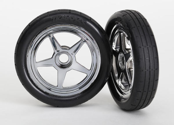 Traxxas 6975 Tires & Wheels , assembled , glued (5-spoke chrome Wheels , Tires , foam Inserts) (Front) (2) - TRA6975