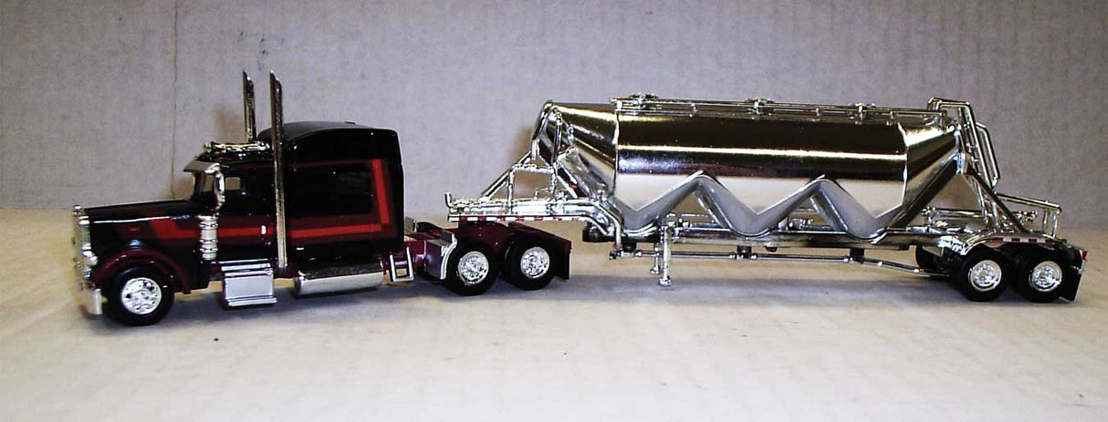 Trucks n stuff Peterbilt 389 Sleeper Cab Tractor w/Pneumatic Bulk Trailer - Assembled -- Black, Maroon, Orange, Chrome - 734-SPEC023