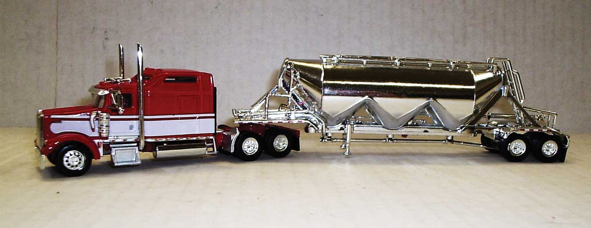 Trucks n stuff Kenworth W900L Sleeper Cab Tractor w/Pneumatic Bulk Trailer - Assembled -- Red, White, Chrome - 734-SPEC027